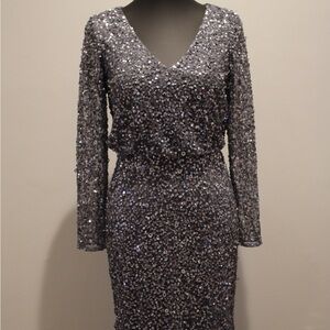 Adrianna Papell Shimmering Long Sleeve Dress in Silver